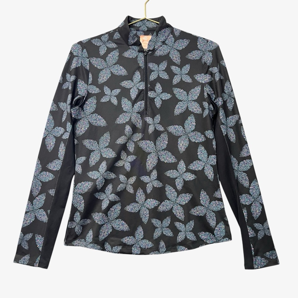 Hogan Womens Black Floral Fitted Polo Collar Long Sleeve Top Size XS NWT SPF 50